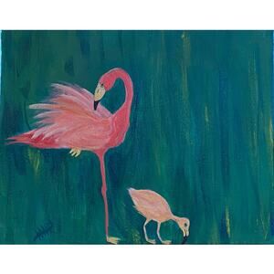 Original painting - Flamingo parent & chick signed 8" x 10" on canvas panel